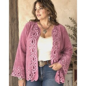 Bob Mackie Wearable Art Womens Leather Pink Western‎ Embroidered Jacket Size 1X